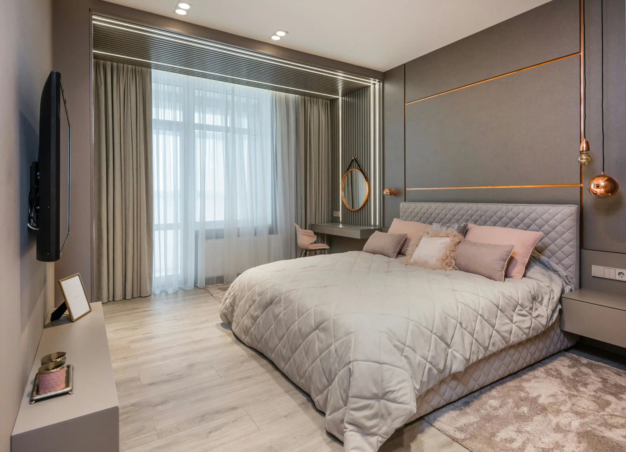 Modern bedroom with custom curtain design