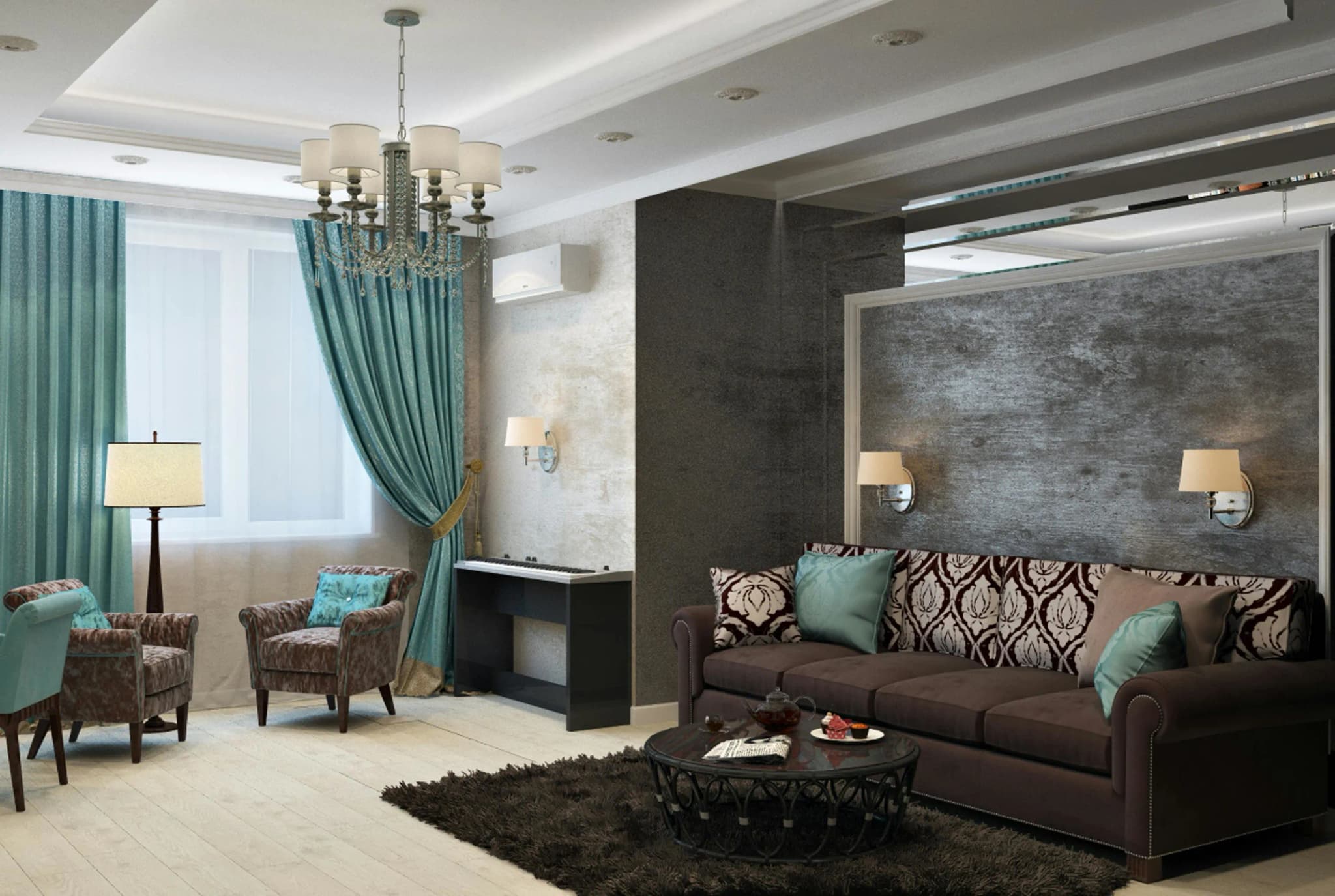 Contemporary living space with custom window coverings
