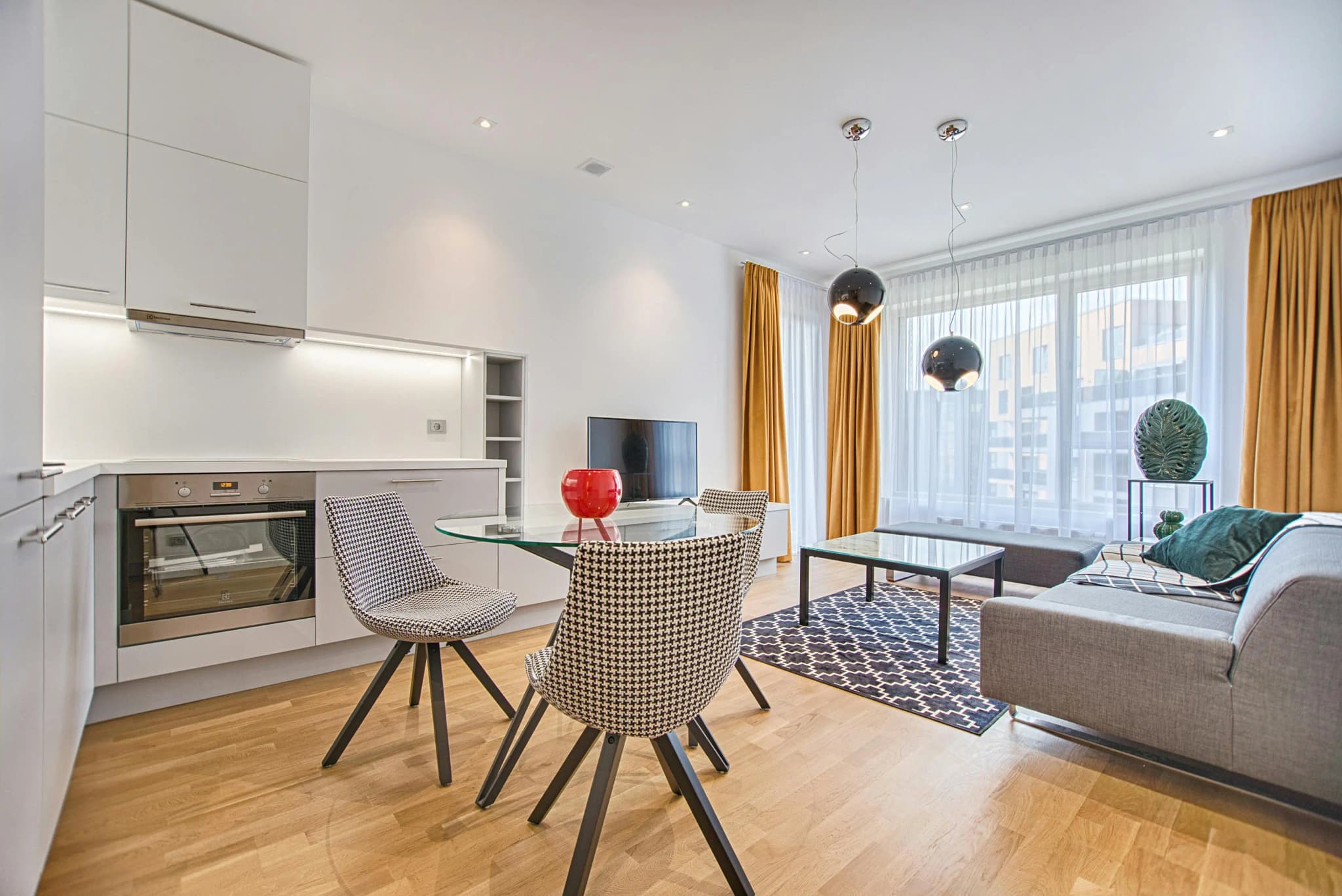 Modern living room with custom curtain design